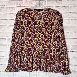 Madewell Red and Burgundy Ruffled Long Sleeve‎ Blouse pansy pattern size small